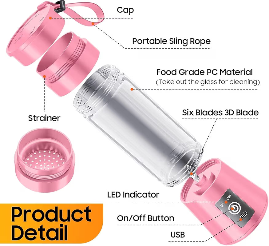 Portable Juicer Blender with 6-Blade, USB Rechargeable, Personal Smoothie Maker, Protein Shake Mixer, Built-In Bottle, for Home, Travel and Gym 400+ bought in past month 60% off